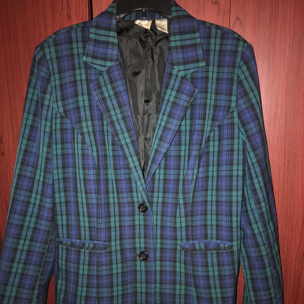 Navy Blue, green and black plaid blazer.